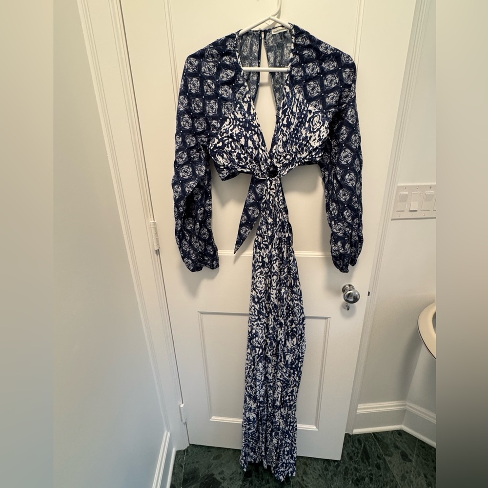 Blue Patterned Tie Maxi Dress
